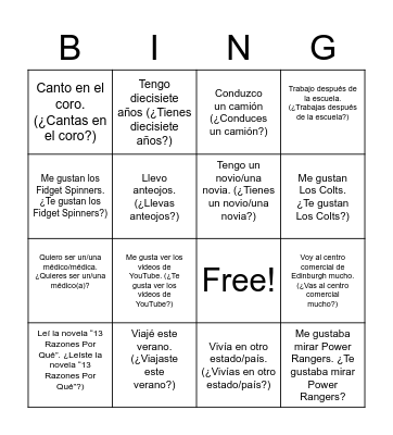 Rompehielos de Español 3  For our first class activity, we are going to go around the room (insert groans here) and ask our classmates some questions in español. They are to respond in español (if you’ve forgotten how to pronounce some words-do your be Bingo Card