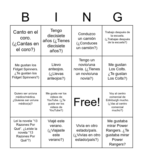 Rompehielos de Español 3  For our first class activity, we are going to go around the room (insert groans here) and ask our classmates some questions in español. They are to respond in español (if you’ve forgotten how to pronounce some words-do your be Bingo Card