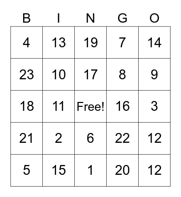 Bingo Numeros 1-25 Bingo Card