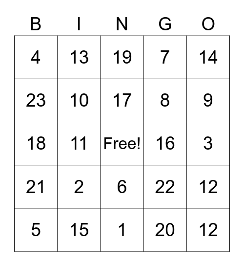 Bingo Numeros 1-25 Bingo Card
