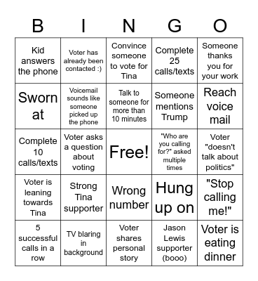 Phonebank for Tina Smith Bingo! Bingo Card