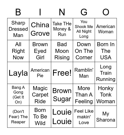 Rockin' Classics Bingo Card