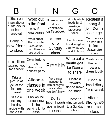 Holiday Jazzercise Bingo Game Bingo Card