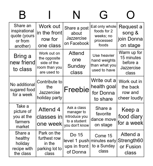 Holiday Jazzercise Bingo Game Bingo Card