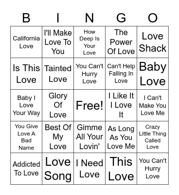 "LOVE" Songs Bingo Card