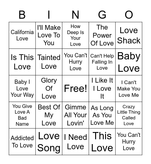 "LOVE" Songs Bingo Card