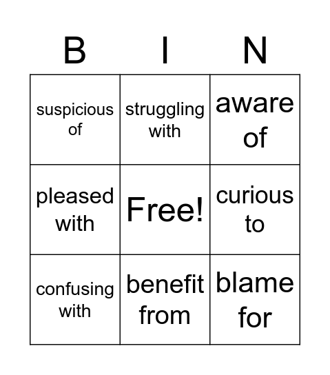 Prepostion Challenge Bingo Card