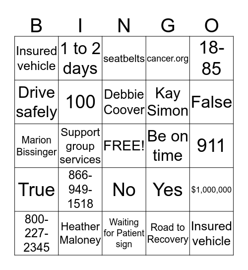 Road To Recovery Bingo Card