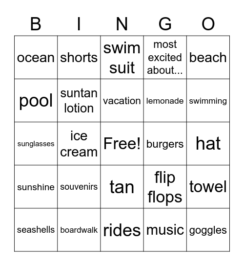 Vacation Bingo Card