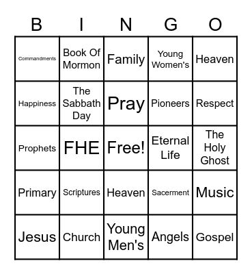 Family Home Evening Bingo Card