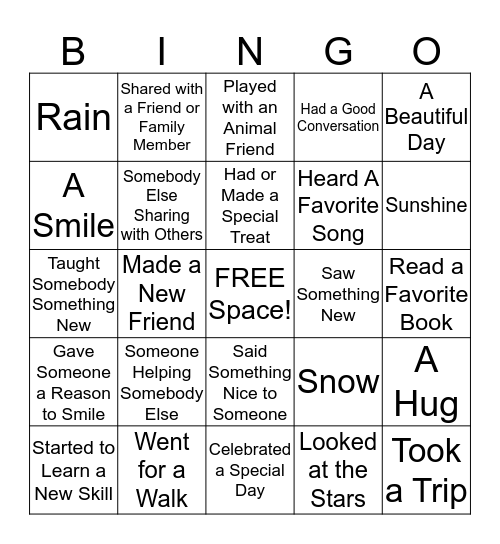 Thankful Things Bingo Card