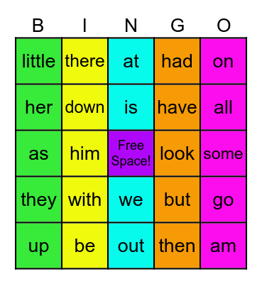 Sight Words Bingo Card