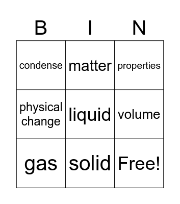 Matter Vocabulary Bingo Card