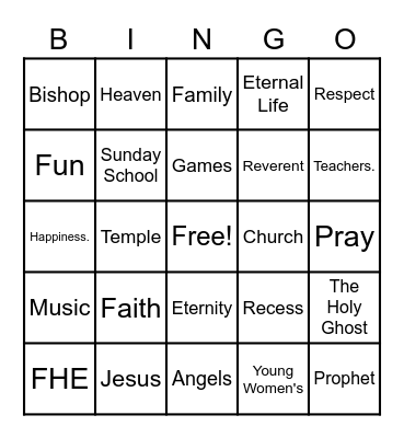 Family home evening Bingo Card