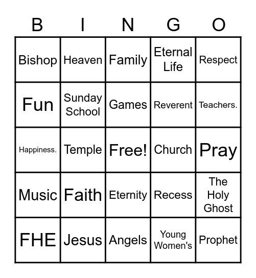 Family home evening Bingo Card