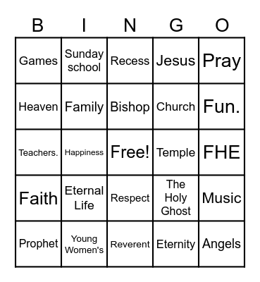 Family home evening Bingo Card