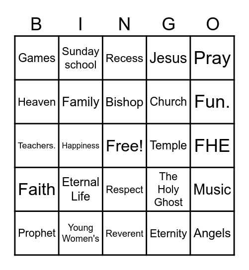 Family home evening Bingo Card