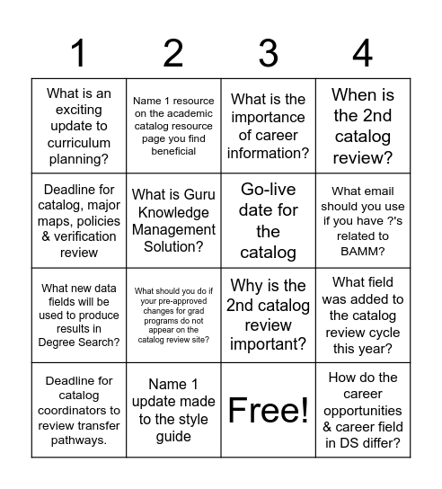 Catalog Kick-Off Bingo Card