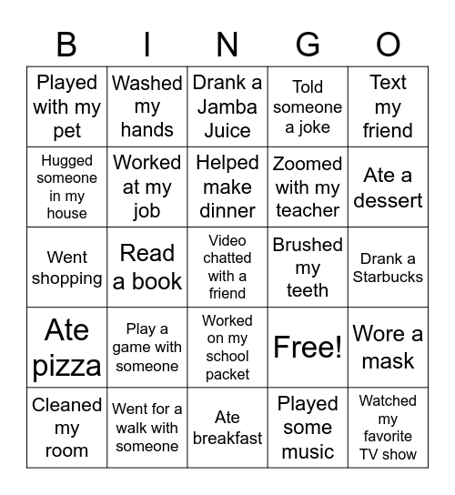 What Did You DoToday Or this Week Bingo Card