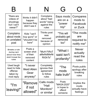 Offended by Mod Actions Bingo Card
