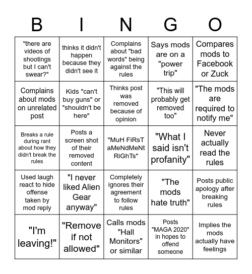 Offended by Mod Actions Bingo Card