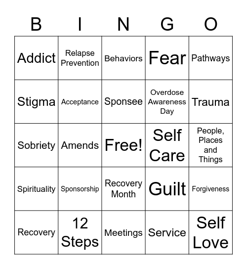 Recovery Bingo Card