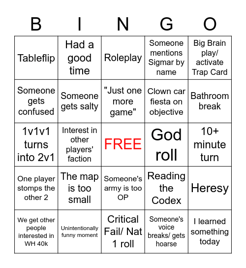 Warhammer 40k Tabletop Night Bingo Card