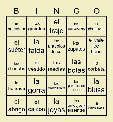 Spa. 4/5 La Ropa Bingo Card