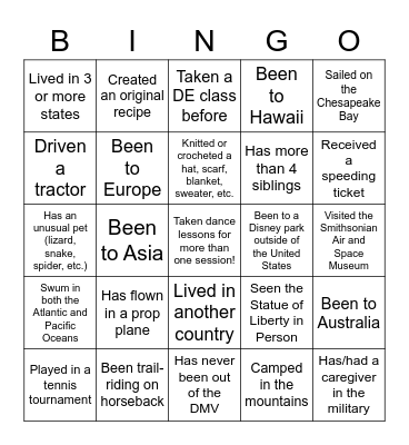 Getting to Know You Bingo Card