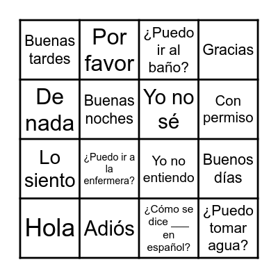 Common Spanish Phrases Bingo Card