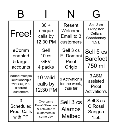 Proof/Gallo Bingo Card