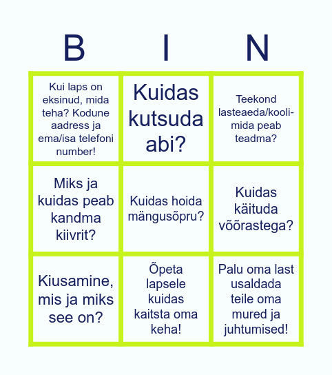 BINGO - Räägi lapsega turvalisusest Bingo Card