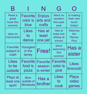 Getting to know you Bingo Card