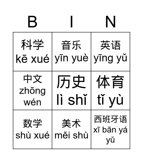 Subject name in Chinese Bingo Card