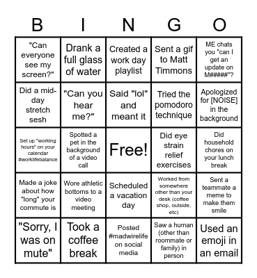 WFH Bingo Card