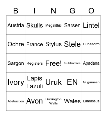 Prehistoric & Ancient Near Eastern Art Bingo Card