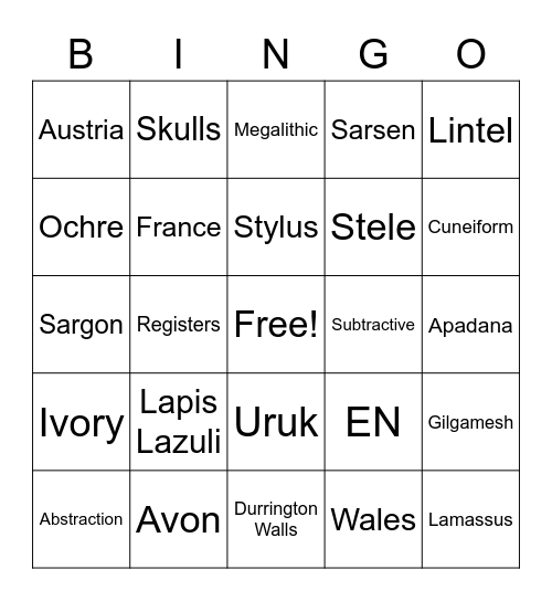 Prehistoric & Ancient Near Eastern Art Bingo Card
