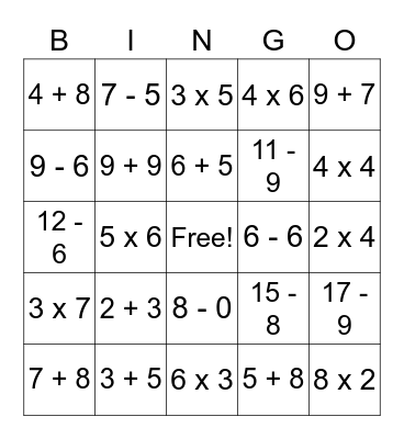 Math Facts Bingo Card