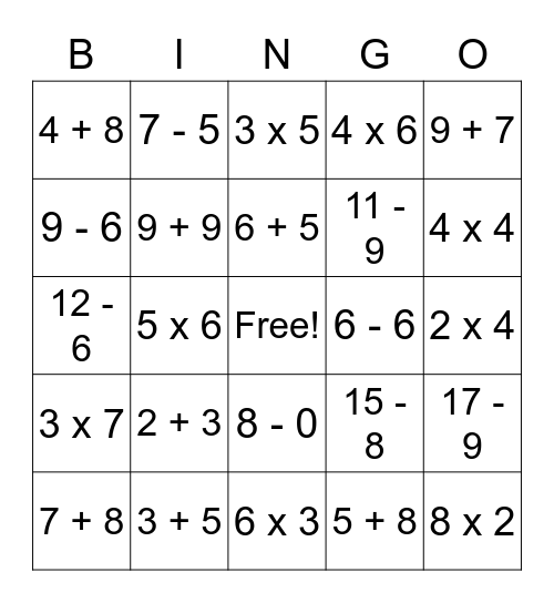 Math Facts Bingo Card