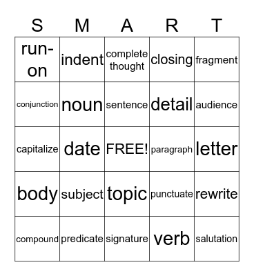 Basic Writing Bingo Card