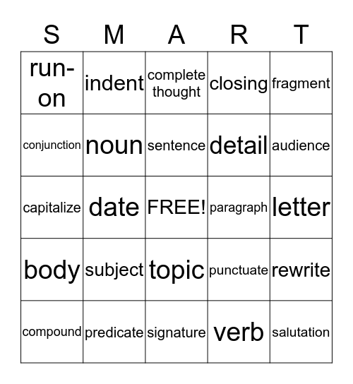 Basic Writing Bingo Card