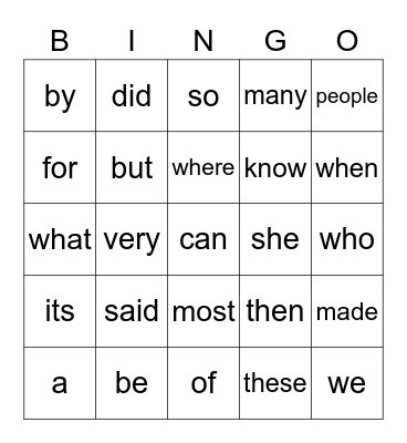 Sight Words Bingo! Bingo Card