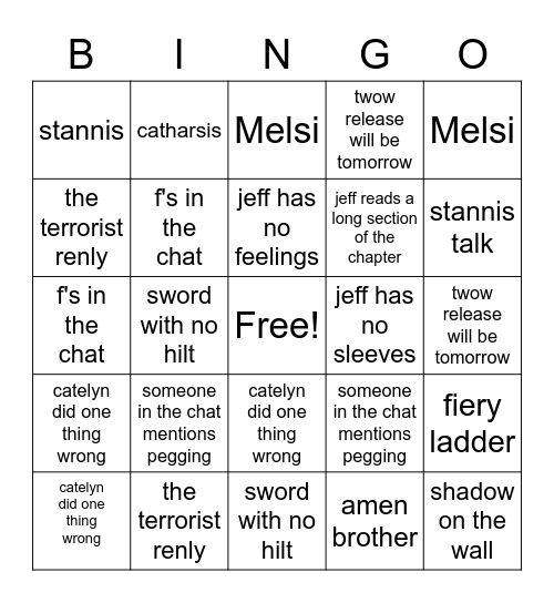 Notacast livestream Bingo Card