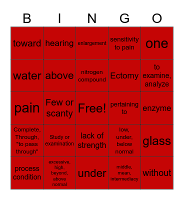 Medical Terminology Bingo Card