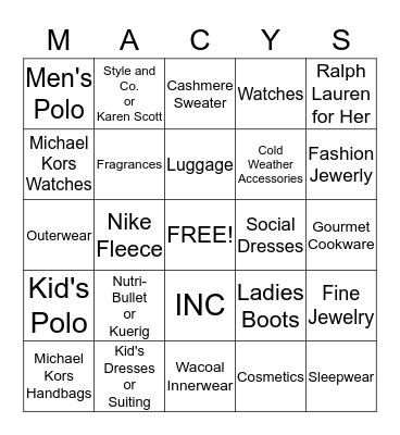 Private Shooping Night at Macy's Gurnee Bingo Card