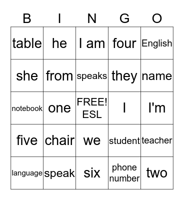 Learning English Bingo Card