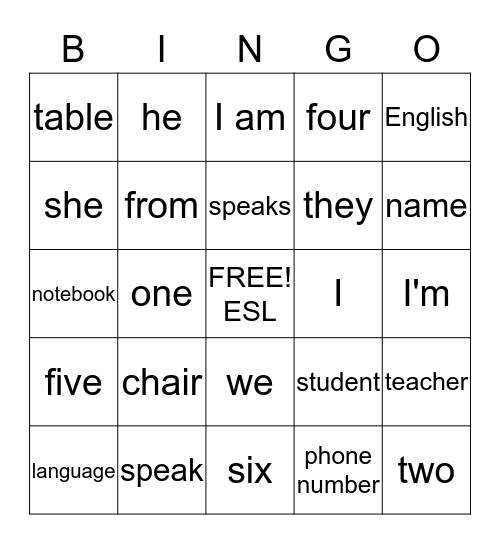 Learning English Bingo Card