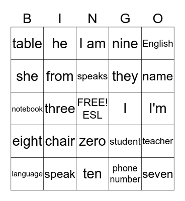 Learning English Bingo Card