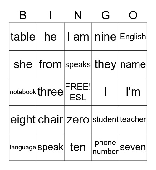 Learning English Bingo Card