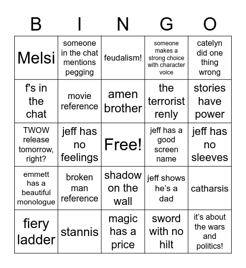 notacast livestream Bingo Card